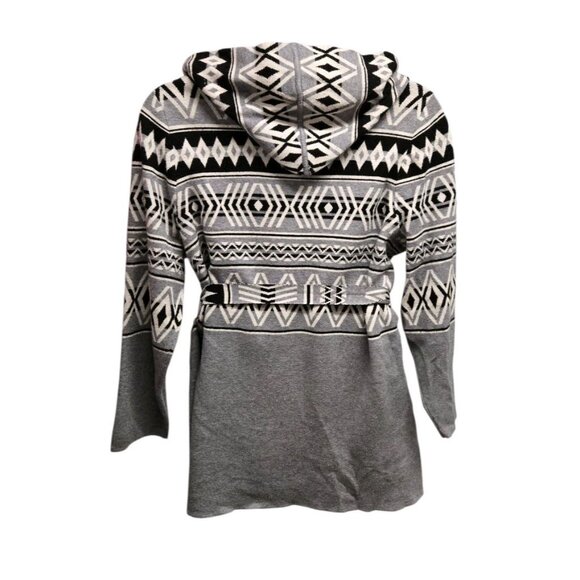 Rachel Zoe Womens Size 2X Gray Tribal Print Belted Wrap Cardigan Sweater Hooded - Picture 2 of 6